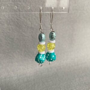 Hand crafted blue, yellow, and teal,‎ long dangle earrings